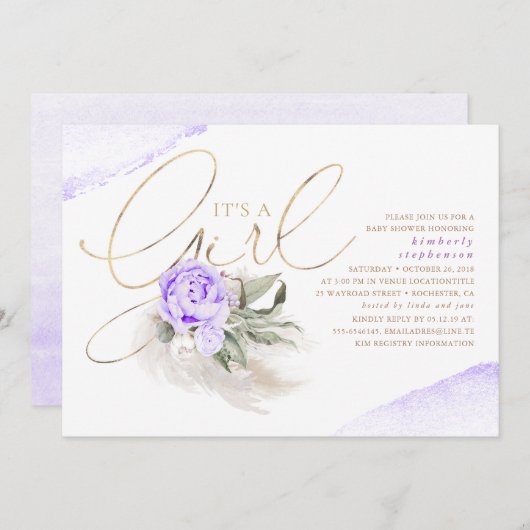 Lila und goldene Girl Floral Boho Babydusche Einladung (Vorne/Hinten)
