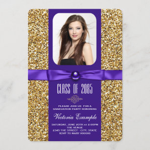 Lila und goldene Glitter-Abschlussankündigungen Einladung