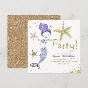 Lila und goldene Glitzer Mermaid Birthday Party Einladung