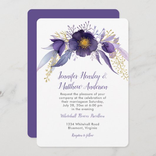 Lila und goldene Hellebore Wasserfarben Einladung (Vorne/Hinten)