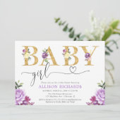 Lila und goldene Imitate Folie Blütendusche Girl Einladung (Stehend Vorderseite)