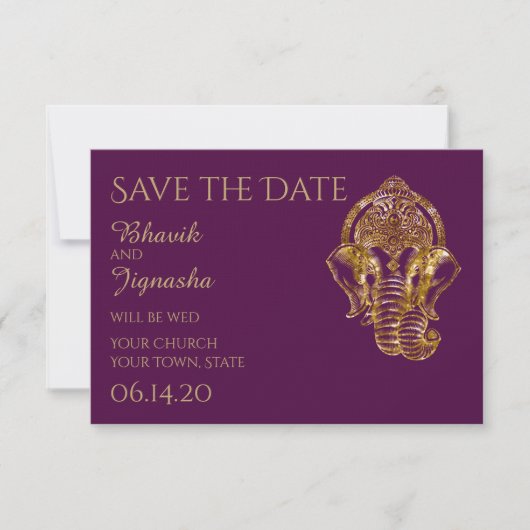 Lila und goldene indische Hochzeit retten das Datu Save The Date (Vorderseite)