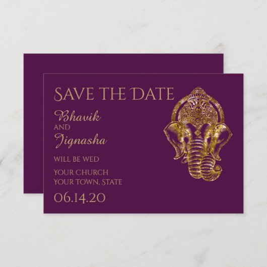Lila und goldene indische Hochzeit retten das Datu Save The Date (Vorne/Hinten)