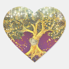 Lila und goldene Initialen im Eichenbaum-Hochzeits Herz-Aufkleber