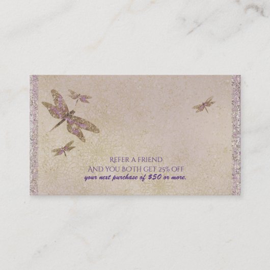 Lila und goldene Libellen Dragonfly Drachenfliege Empfehlungskarte (Vorderseite)