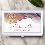 Lila und goldene, moderne Kunst Flüssige Aquarellf Visitenkarten Dose<br><div class="desc">Lila und Gold moderne Art Liquid Watercolor Tinte Business Card Case. Elegante Alkoholfarbe handbuchstabiert Stil Kalligraphie Skript berufliches Design. Perfekt für Make-ups,  Haarstylisten,  Kosmetologen und mehr!</div>