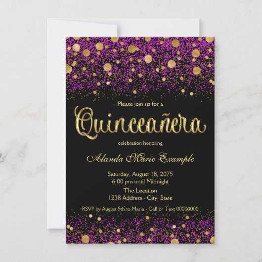 Lila und goldene Quinceanera Einladung (Vorderseite)