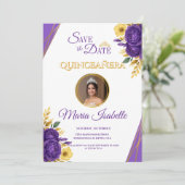 Lila und goldene Quinceñera Save the Date Einladung (Stehend Vorderseite)