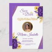 Lila und goldene Quinceñera Save the Date Einladung (Vorne/Hinten)