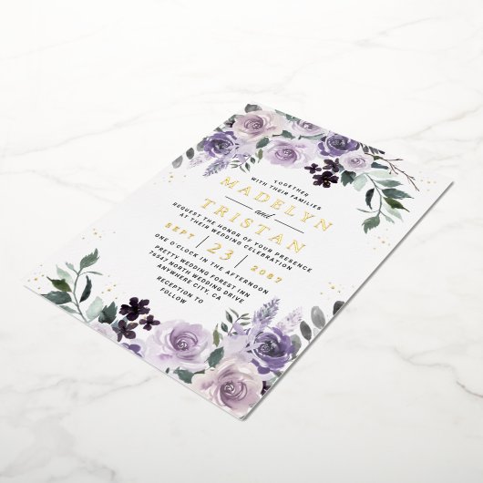 Lila und goldene rustikale Dusty Rose Blumenzehen Folieneinladung (Gedreht)