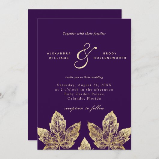 Lila und goldene Rustikale Gold Foil Blätter Hochz Einladung (Vorne/Hinten)