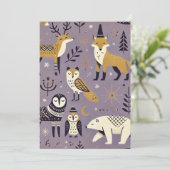 Lila und goldene skandinavische Tiere Einladung (Stehend Vorderseite)