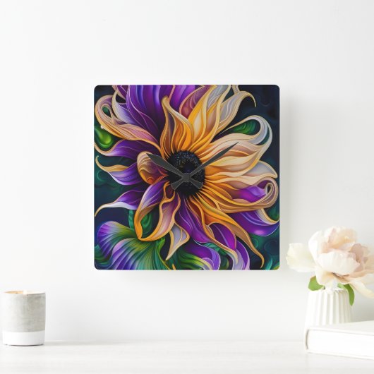 Lila und goldene Sonnenblumen Quadratische Wanduhr (Zuhause)