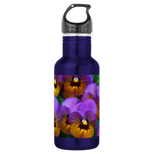 Lila und goldene Stiefmütterchen Edelstahlflasche (Vorderseite)