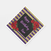 Lila und goldene Streifen Glitzer Rote Rosen Gebur Serviette (Ecke)