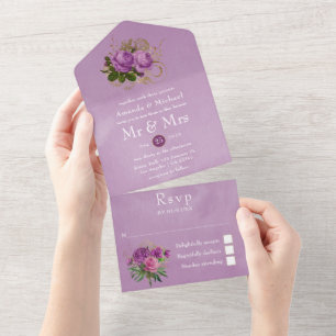 Lila und goldene Vintag-Chic-Hochzeit All In One Einladung