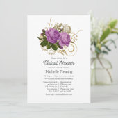 Lila und goldene Vintage Blütendusche Einladung (Stehend Vorderseite)