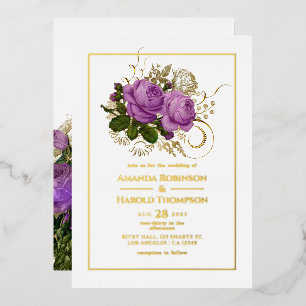 Lila und goldene Vintage Blütenhochzeit im Shabby- Folieneinladung