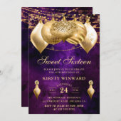 Lila und goldene Weihnachtsbaubles 16 . Geburtstag Einladung (Vorne/Hinten)