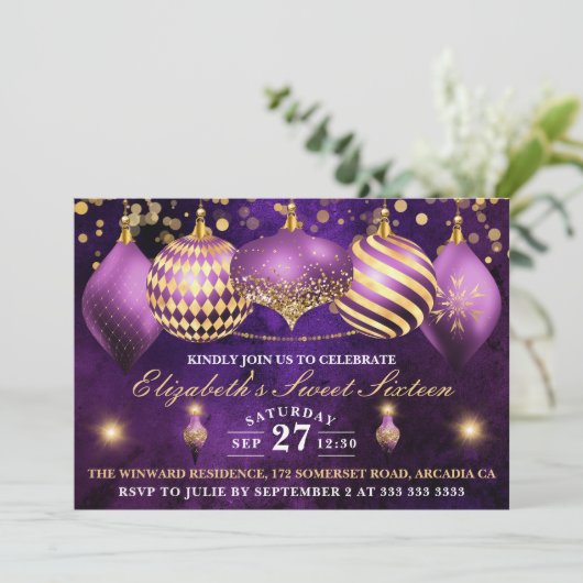 Lila und goldene Weihnachtsbaumwolle Süß 16 Einladung (Stehend Vorderseite)