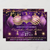 Lila und goldene Weihnachtsbaumwolle Süß 16 Einladung (Vorne/Hinten)