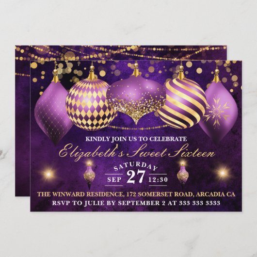 Lila und goldene Weihnachtsbaumwolle Süß 16 Einladung (Vorne/Hinten)