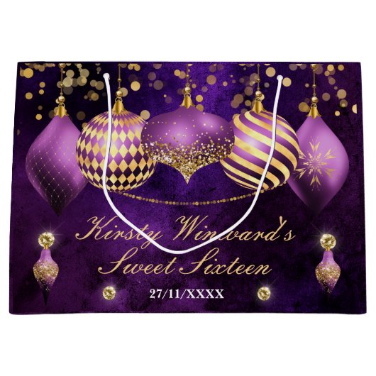 Lila und goldene Weihnachtsbaumwolle Süß 16 Große Geschenktüte (Vorderseite)