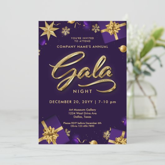 Lila und goldene Weihnachtsgala Party Business Einladung (Stehend Vorderseite)