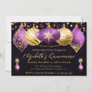 Lila und Goldene Weihnachtskugeln Quinceanera Einladung