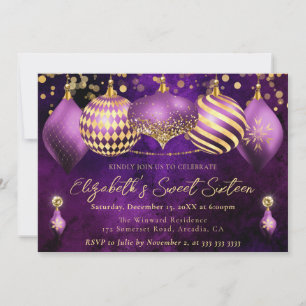 Lila und Goldene Weihnachtskugeln Sweet 16 Einladung