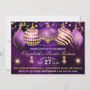 Lila und Goldene Weihnachtskugeln Sweet 16 Einladung