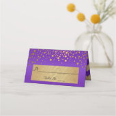 Lila und goldene Zickzack Punkte und Confetti Punk Platzkarte (Vorderseite)