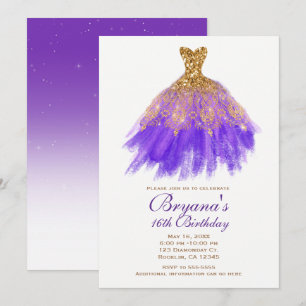 Lila und goldener Glitter-Glam-Kleid Sweet 16 Part Einladung