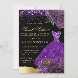 Lila und goldener Glitterkleid Glam-Rosen Sweet 16 Einladung