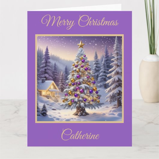 Lila und goldener Weihnachtsbaum im Winterwald Karte (Vorderseite)