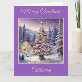 Lila und goldener Weihnachtsbaum im Winterwald Karte