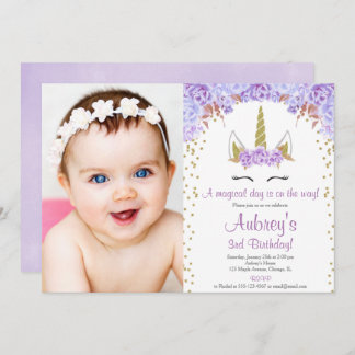 Lila und goldenes Einhornmädchen Geburtstagsgesche Einladung