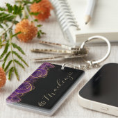 Lila und goldenes Elegantes Skript Personalisiert Schlüsselanhänger (Vorderseite rechts)