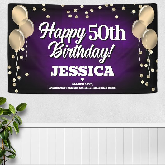Lila und goldenes Happy Birthday Banner