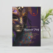 Lila und goldenes Maskerade Party mit lebendiger M Einladung (Stehend Vorderseite)