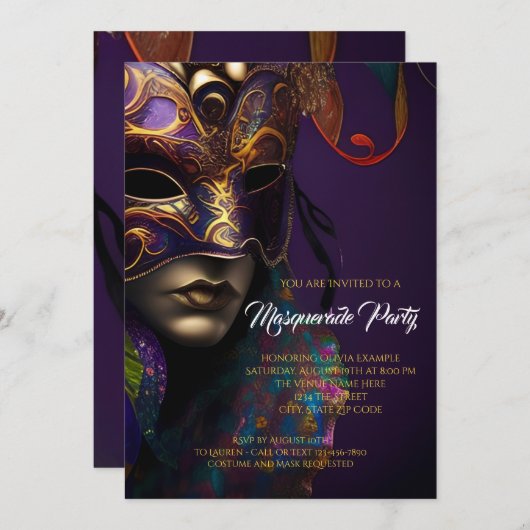 Lila und goldenes Maskerade Party mit lebendiger M Einladung (Vorne/Hinten)