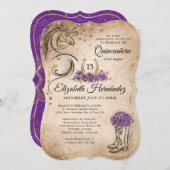 Lila und goldenes Quinceñera Rustikales Pferd Gebu Einladung (Vorne/Hinten)