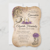 Lila und goldenes Quinceñera Rustikales Pferd Gebu Einladung (Vorderseite)