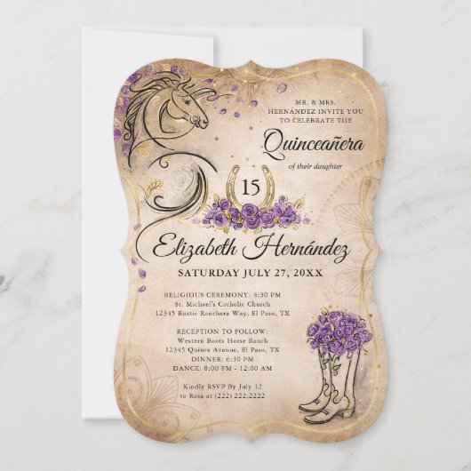Lila und goldenes Quinceñera Rustikales Pferd Gebu Einladung (Vorderseite)