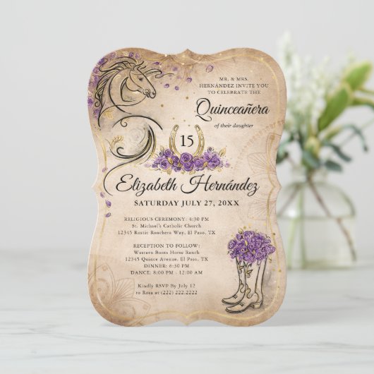 Lila und goldenes Quinceñera Rustikales Pferd Gebu Einladung (Stehend Vorderseite)