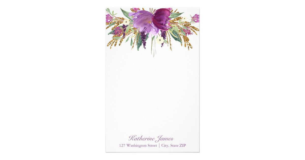 Lila Und Goldfarben Blume Personalisiert Briefpapier Zazzle De