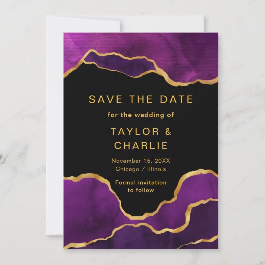 Lila und goldfarbene Agate Save the Date (Vorderseite)
