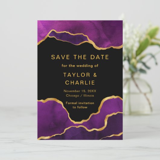 Lila und goldfarbene Agate Save the Date (Stehend Vorderseite)