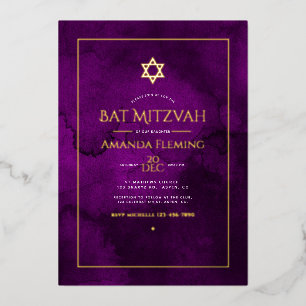 Lila und goldfarbenes Bat Mitzvah-Foto Folieneinladung