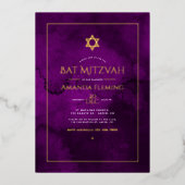 Lila und goldfarbenes Bat Mitzvah-Foto Folieneinladung (Vorderseite)